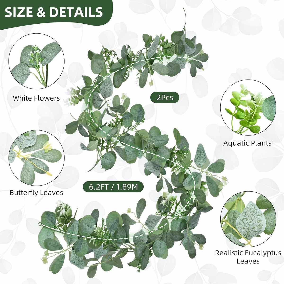 Artificial Eucalyptus Garlands - 6ft Greenery Vines with Faux Eucalyptus Leaves, Butterfly Leaves, and White - Set of 2