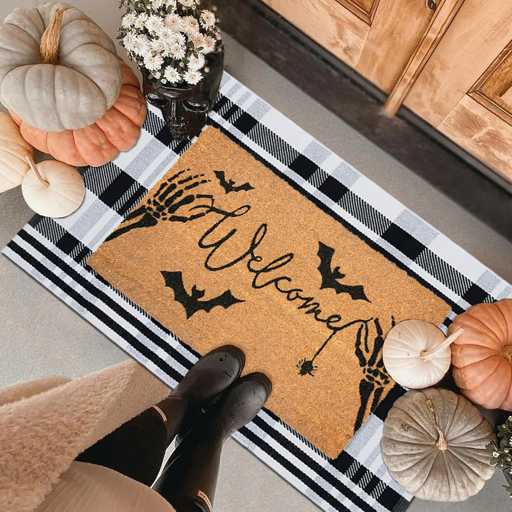Halloween Welcome Door Mat Combo Set, Skeletal Hand Coco Coir Doormat -28" x 43" Black and White Striped Rug, Autumn