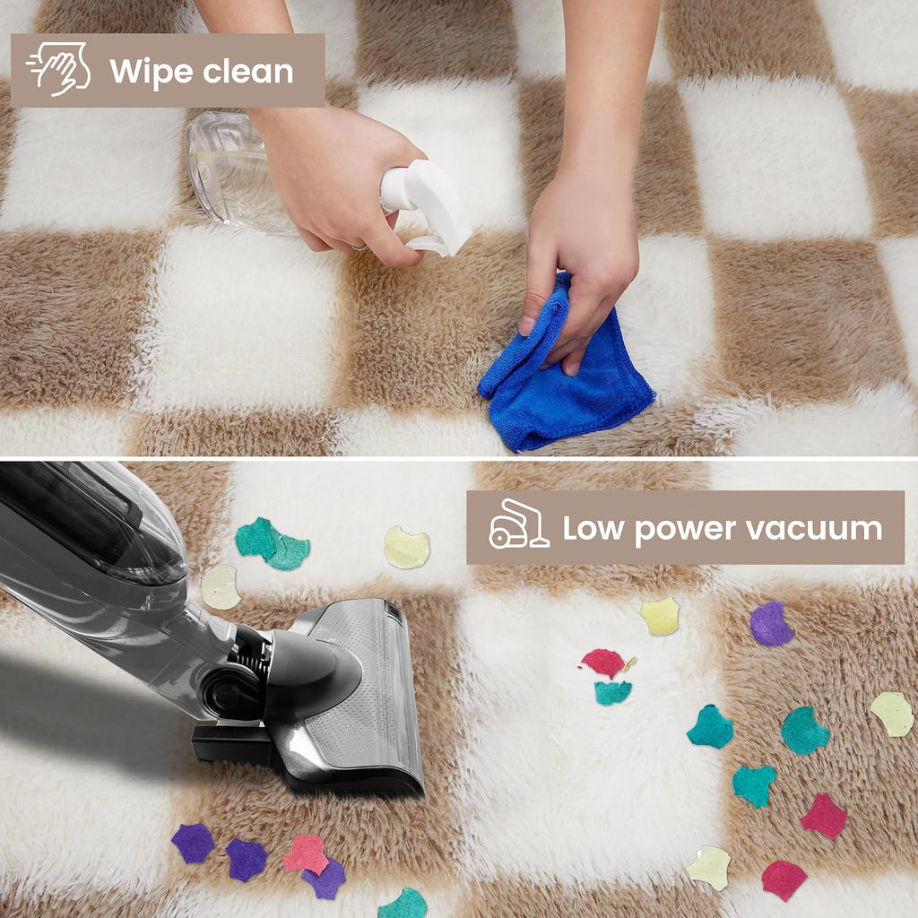 Super Soft Rug, Beige and White Area Rug Classic Checkered Shaggy Anti-Skid High Pile Soft Fluffy Rug Fuzzy