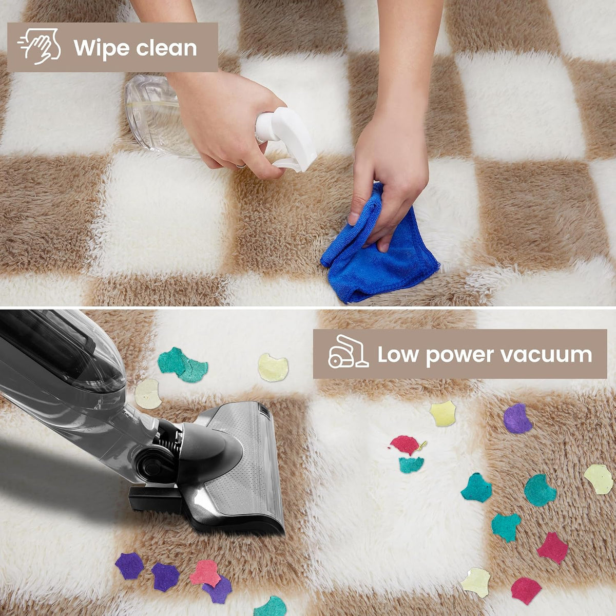 Super Soft Rug, Beige and White Area Rug Classic Checkered Shaggy Anti-Skid High Pile Soft Fluffy Rug Fuzzy