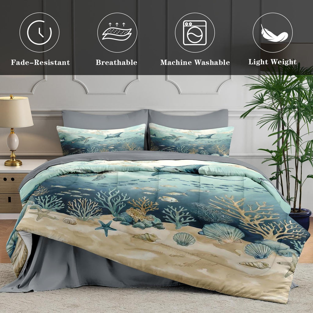 Comforter Set with Sheets, 7 Pieces Ocean Turtle Bedding