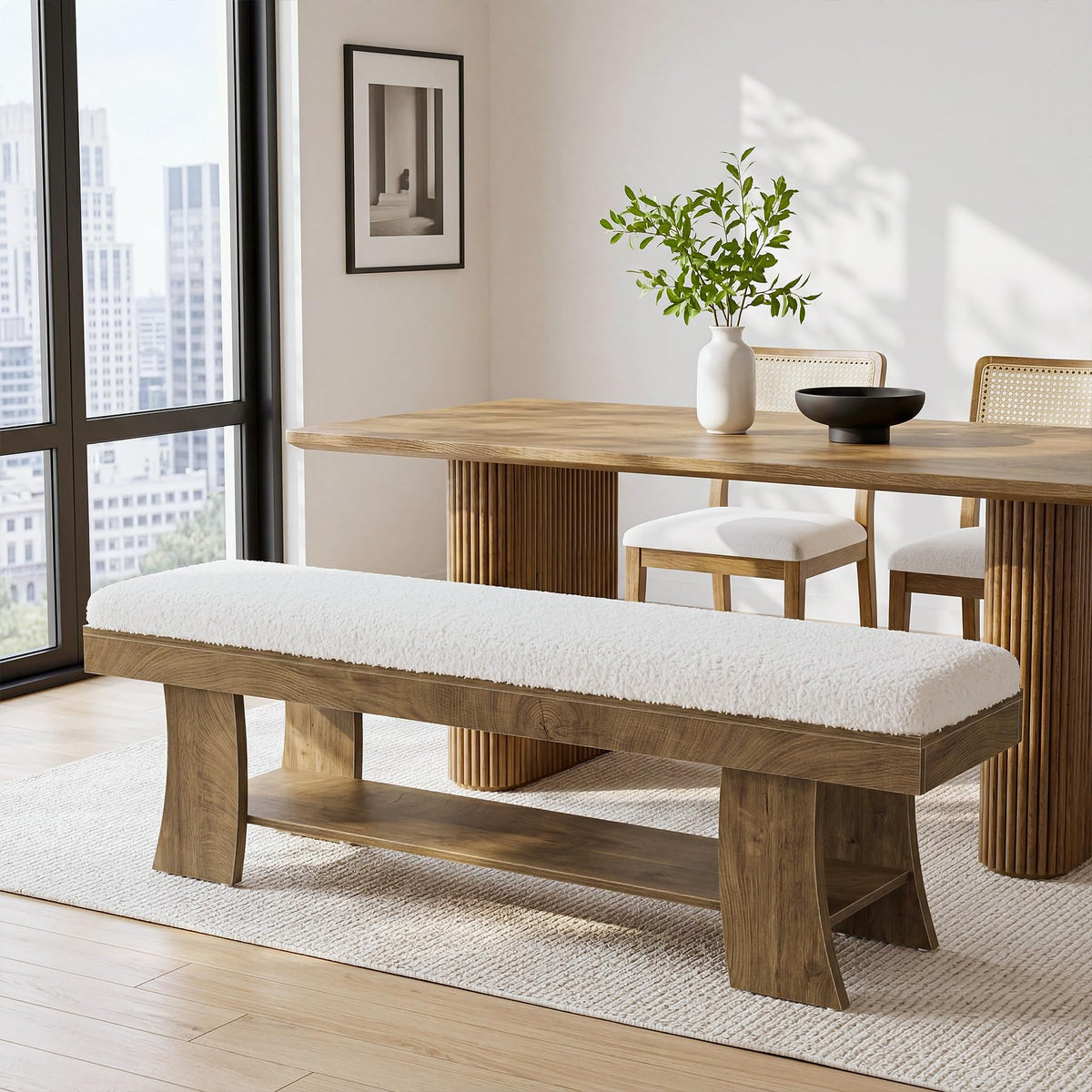 59-Inch Upholstered Entryway Bench with Storage Shelf, Indoor Cushioned Shoe Bench Seat, Farmhouse Skinny End of Bed