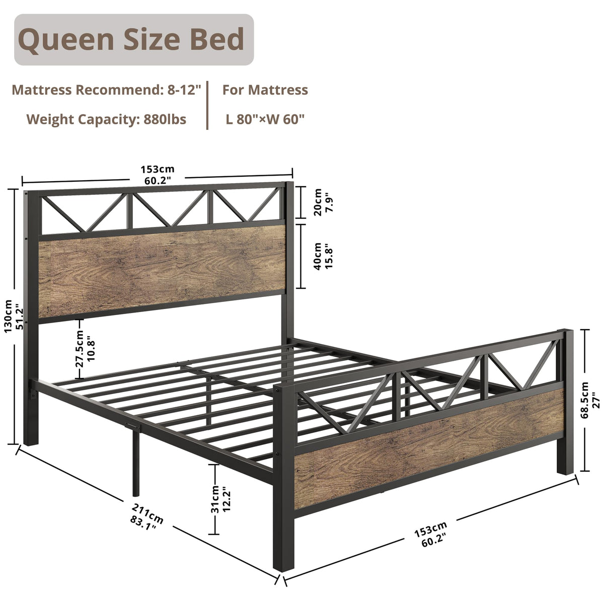 Bed Frame, Tall Industrial Headboard 51.2 ", Platform Bed Frame with Strong Metal Support, Solid and Stable