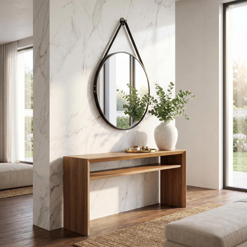 20" Black Round Mirror, Circle Wall Mirror with Leather Strap