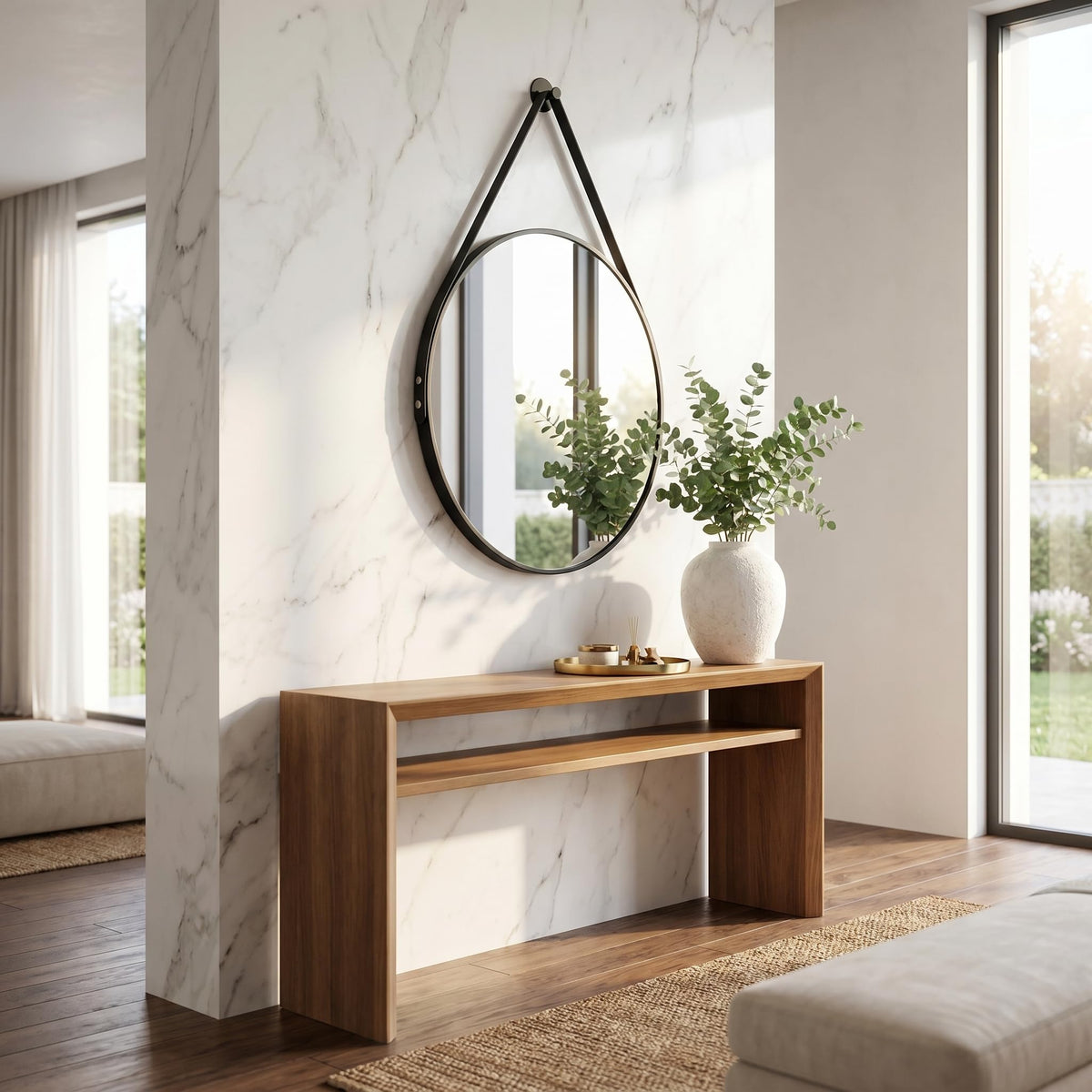 20" Black Round Mirror, Circle Wall Mirror with Leather Strap