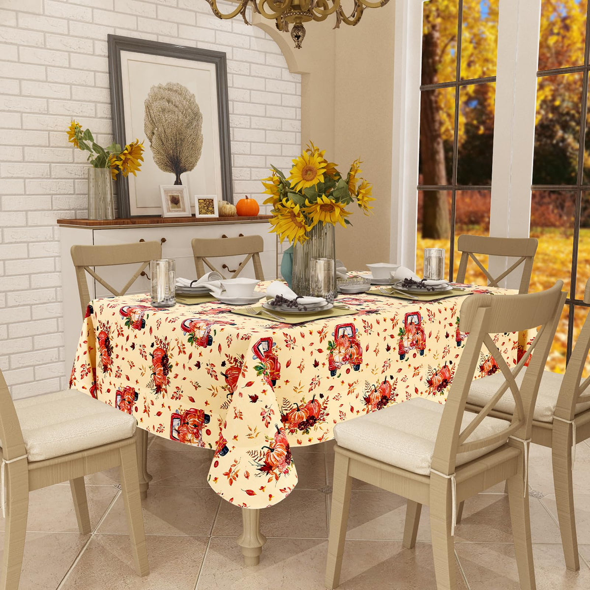 Square Waterproof Vinyl Table Cloth, Wipeable Tablecloth with Flannel Backing, Plastic Table Cover for Fall
