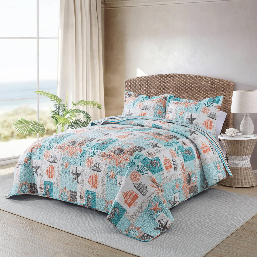 Coastal Quilt Summer Quilt, Ultra Soft & Lightweight Beach Quilt Bedding Set, Seaside Collection Bedspread