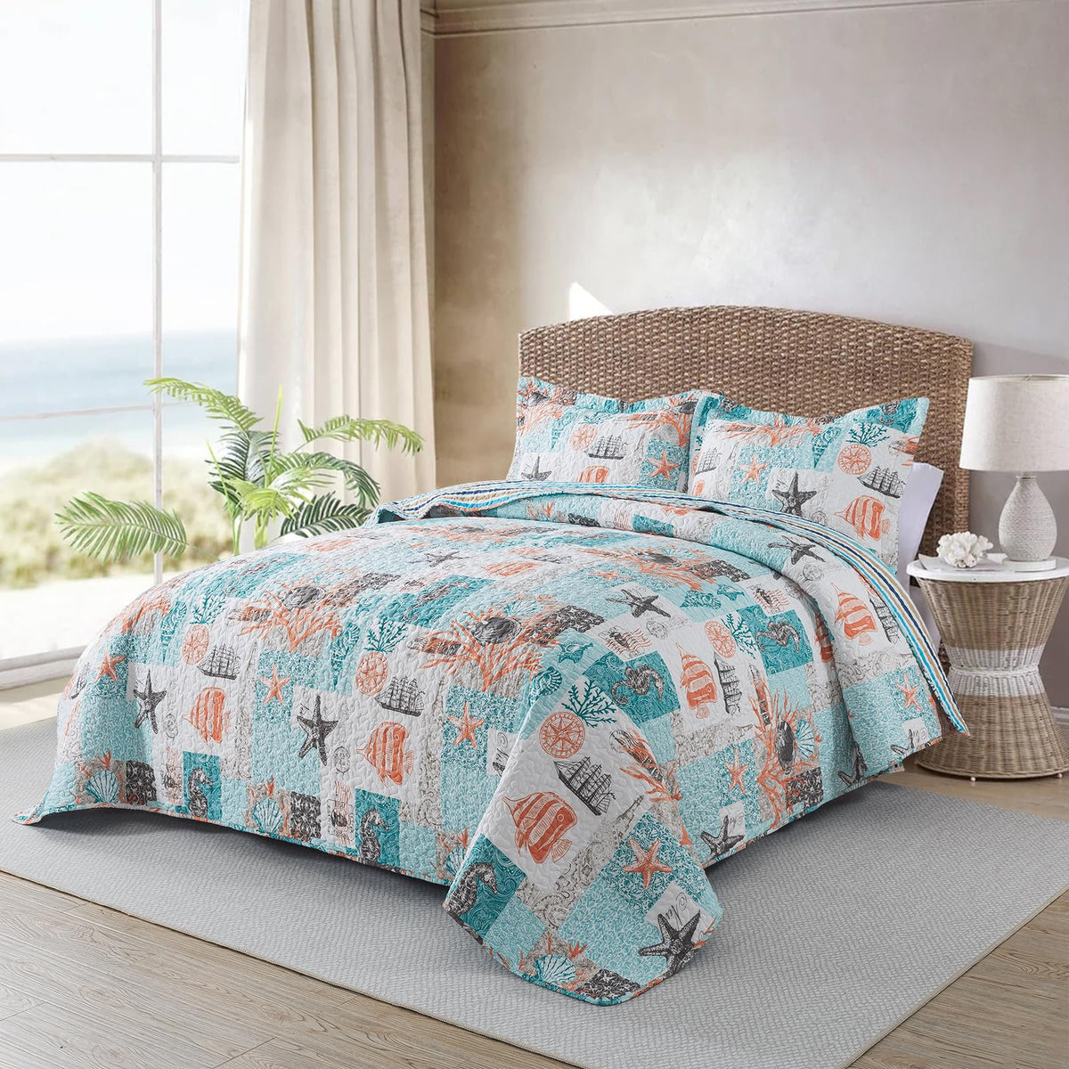 Coastal Quilt Summer Quilt, Ultra Soft & Lightweight Beach Quilt Bedding Set