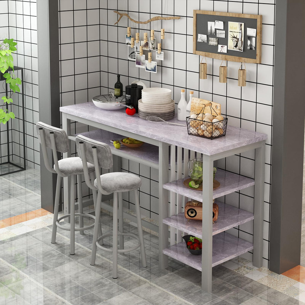 3-Piece Bar Table and Chairs Set, Modern Gray Table with 2 PU Cushion Bar Stools, Kitchen Counter with 3 Tier Storage