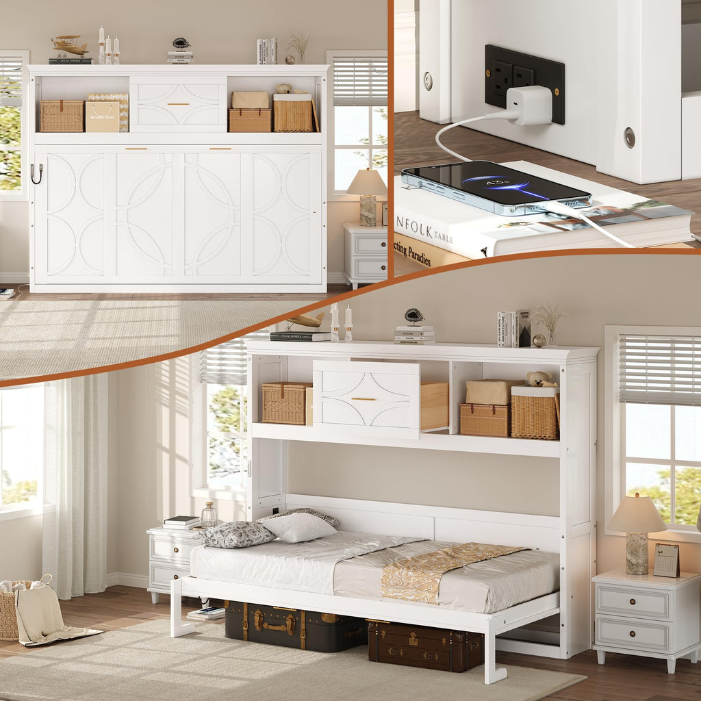 Twin Size Murphy Bed, Wood Murphy Bed Wall Bed with Charging Station, Shelves and a Drawer, White
