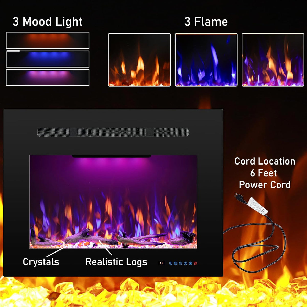 27.1" W Rear Electric Fireplace Inserts with Thermostat, Recessed Fireplace Heater with 3 Flame & Top Light Color