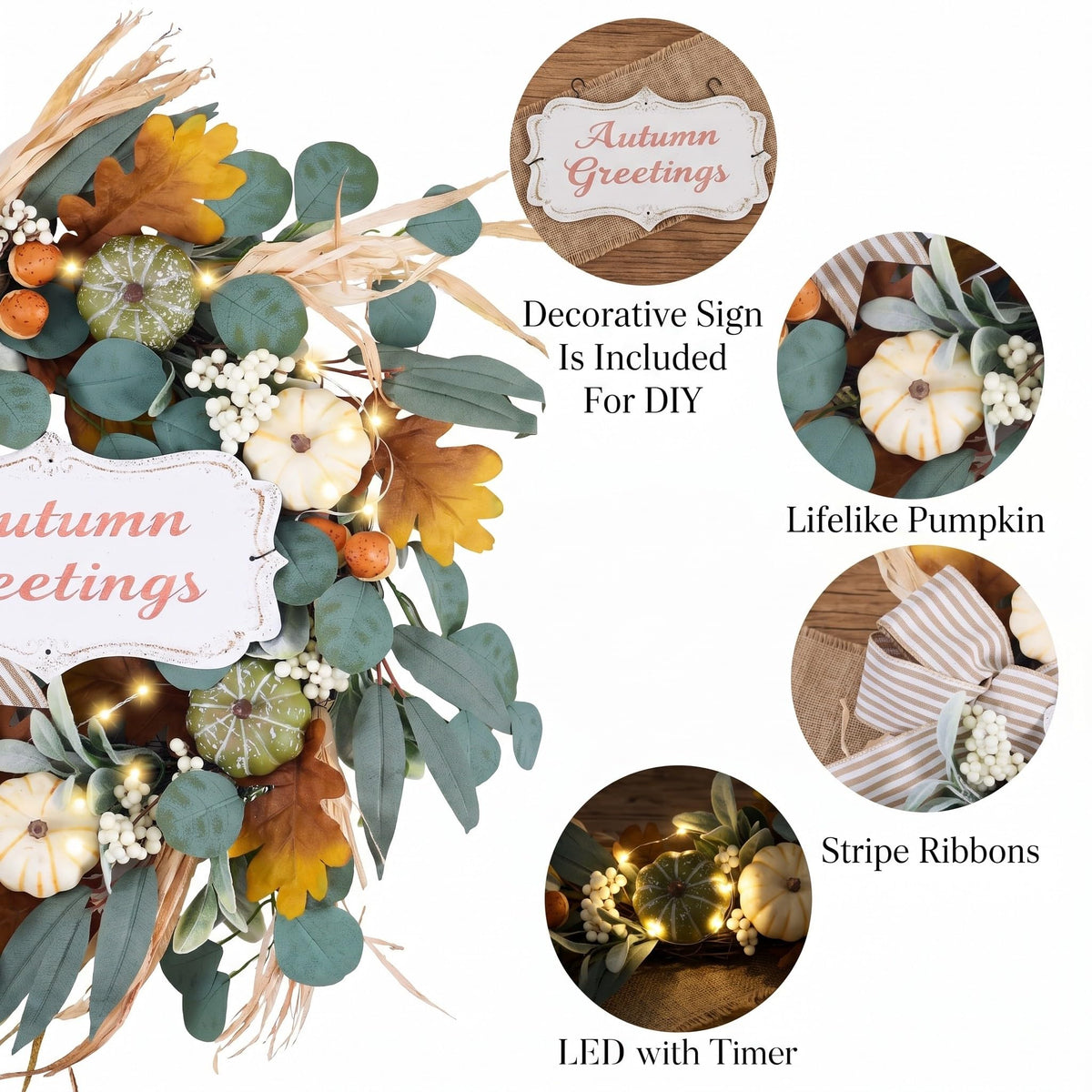 24'' Fall Wreaths for Front Door with LED Lights