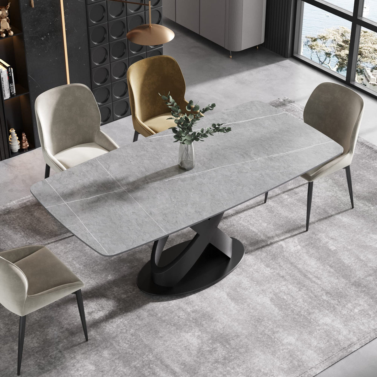 Modern Dining Table, Gray Sintered Stone Tabletop Dining Table with Black X-Shaped Solid Carbon Steel Base, 70.8"