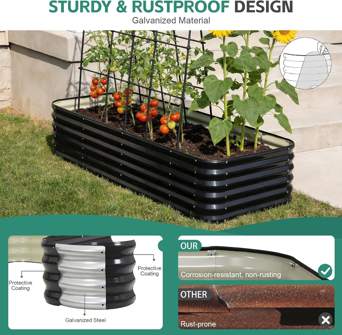 5 in 1 Galvanized Raised Garden Bed, 8x3x1.4ft, Grey
