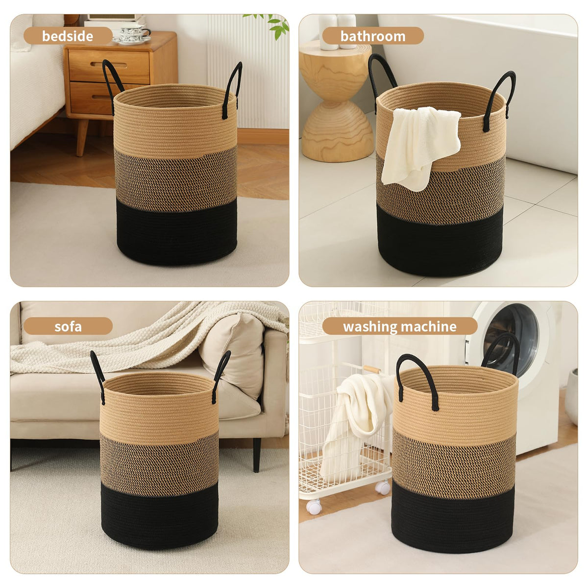 Basket Hamper Tall Rope Storage Woven for Blanket toys Dirty Clothes Bathroom Bedroom (Jute Brown & Black