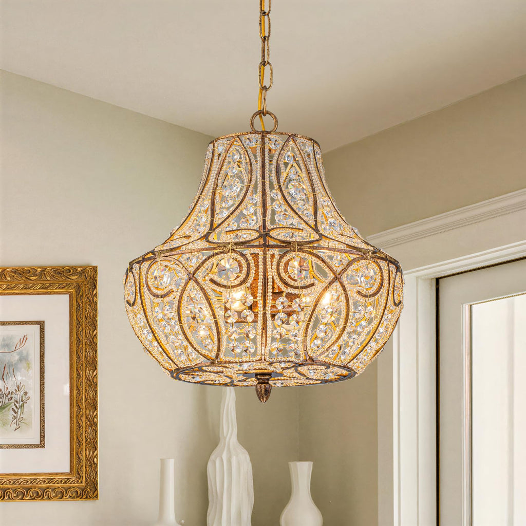 Antique Gold Gourd Beaded Chandelier, 13" Vintage Crystal Light