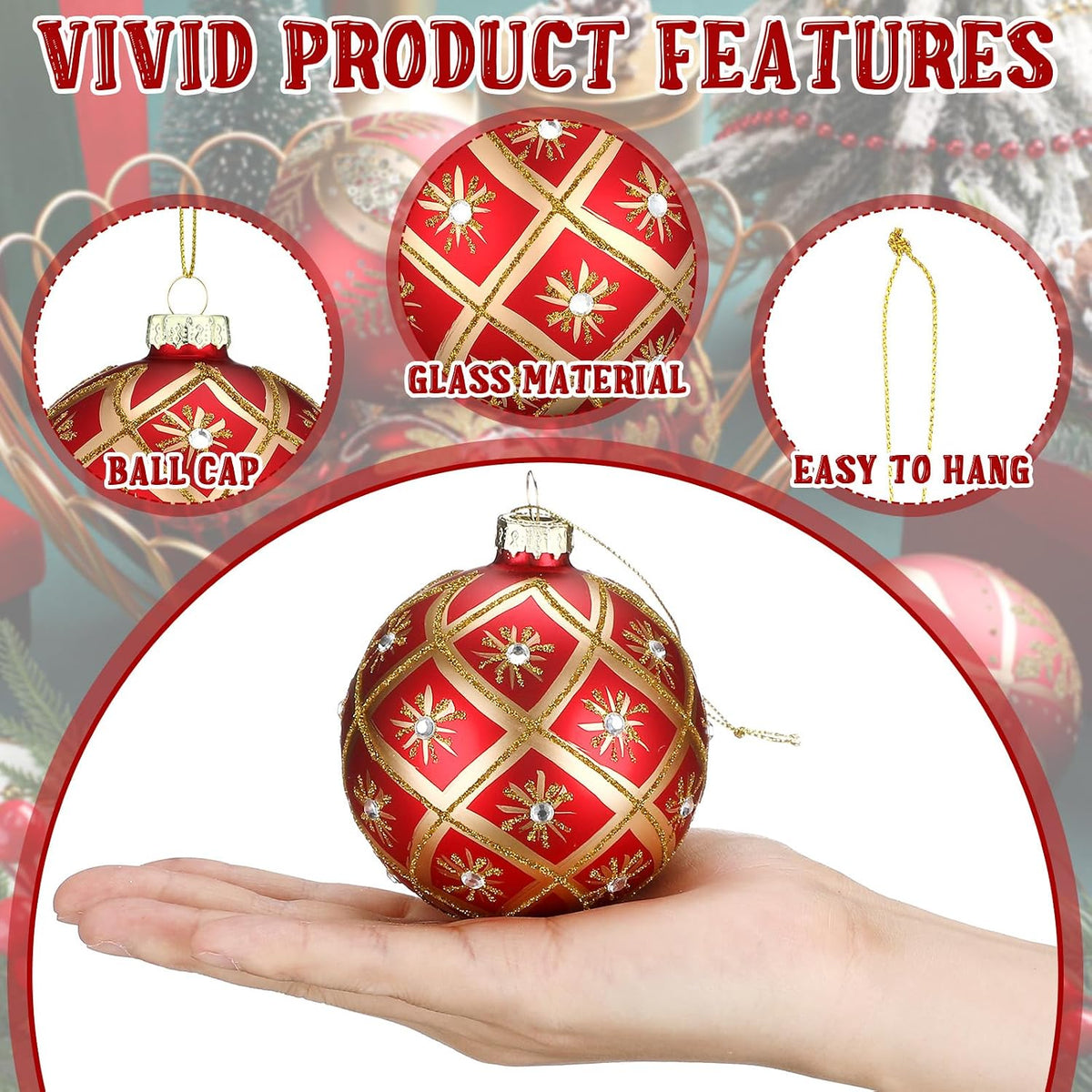 6 Pcs 3.15 in Glass Luxury Christmas Ball Red and Gold Ornaments