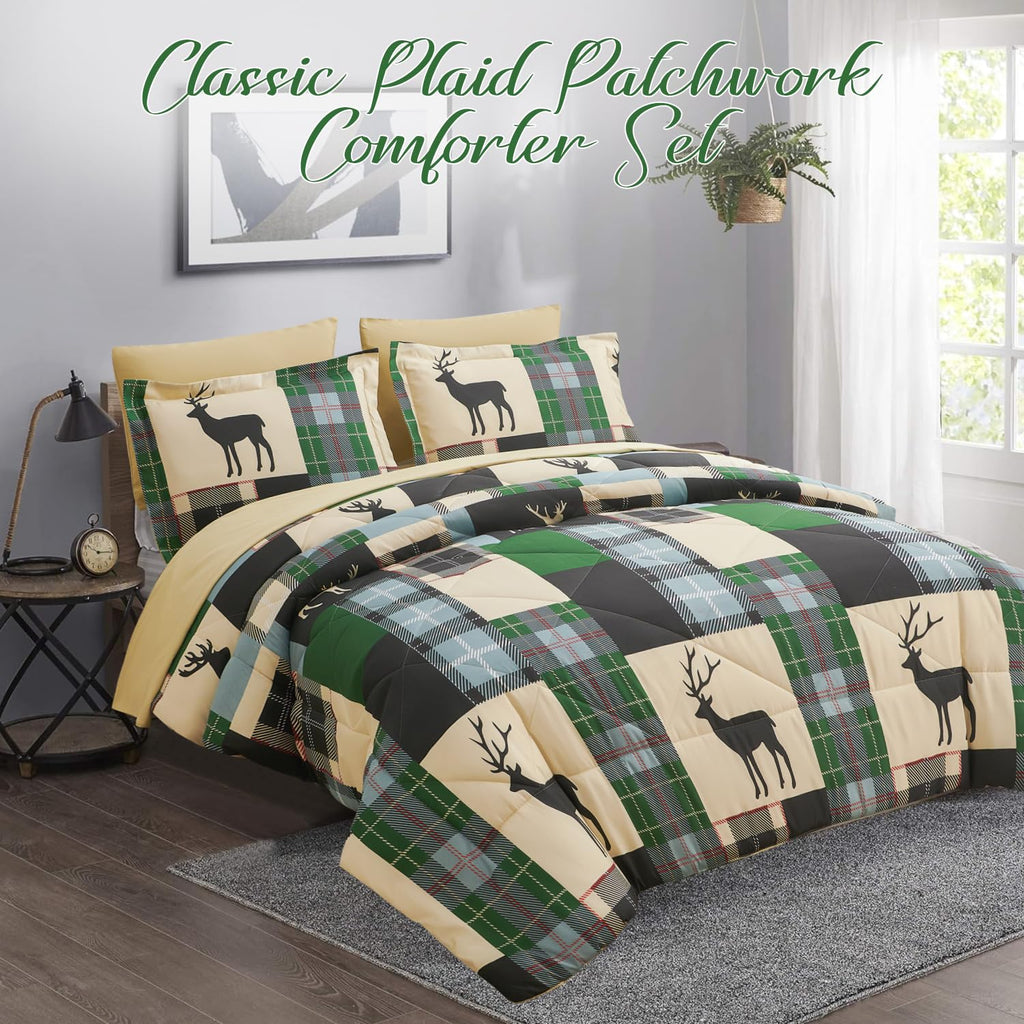 Comforter Set Plaid Patchwork Comforter Bedding-7 Piece Bed in a Bag, Rustic Soft Reversible Microfiber