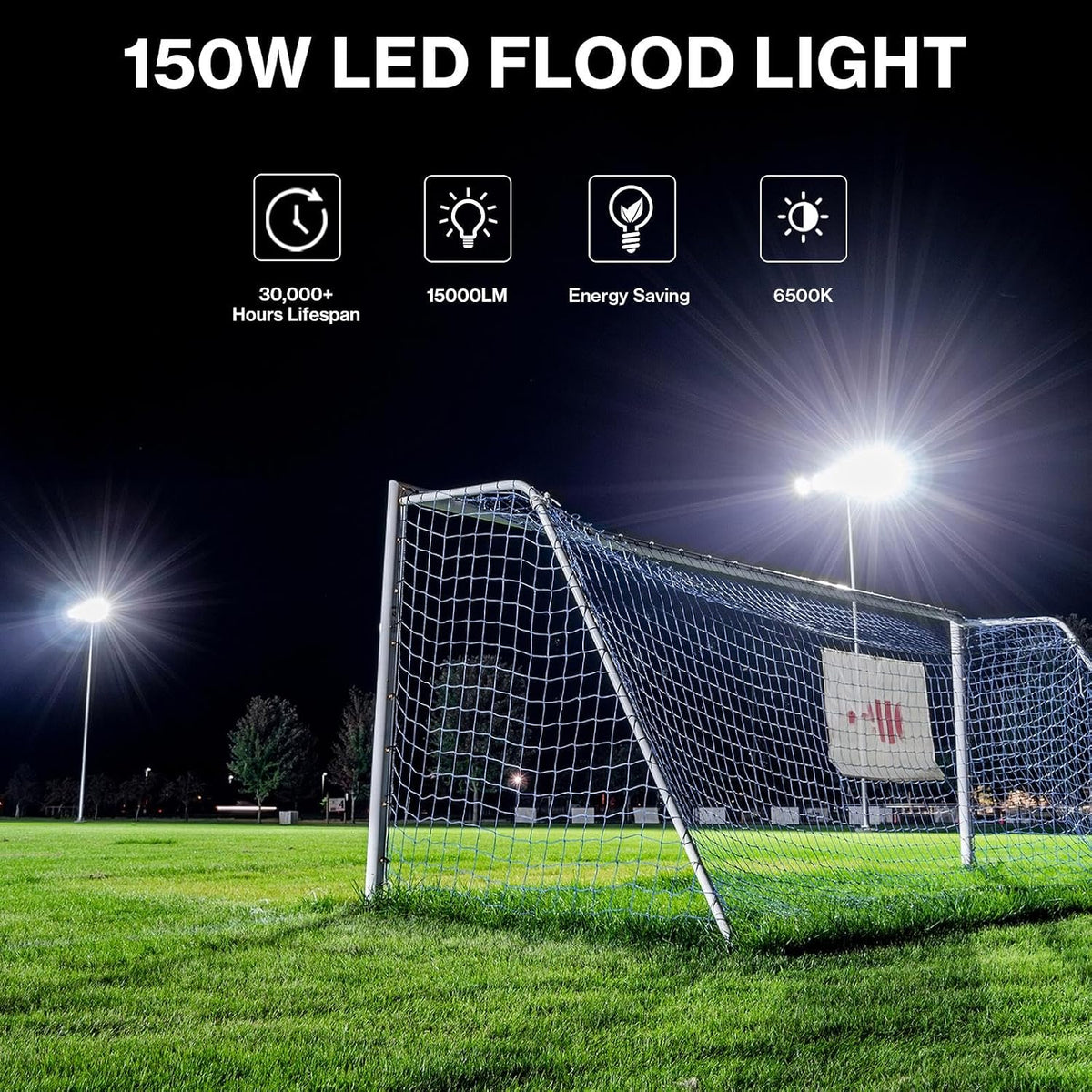 2 Pack 150W LED Flood Light Outdoor, 15000LM Super Bright Work Lights Plug in, 6500K, IP66 Waterproof Exterior