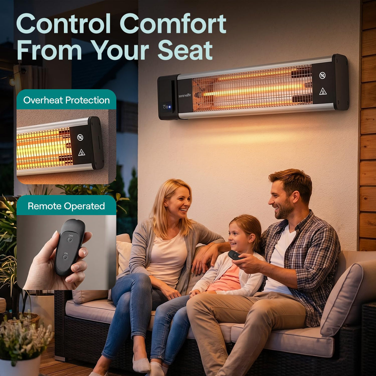 Infrared Patio Heater, 1500W, IP65 Approved, Odorless, Wall-Mounted Heater with Remote, Indoor/Outdoor , Restaurant