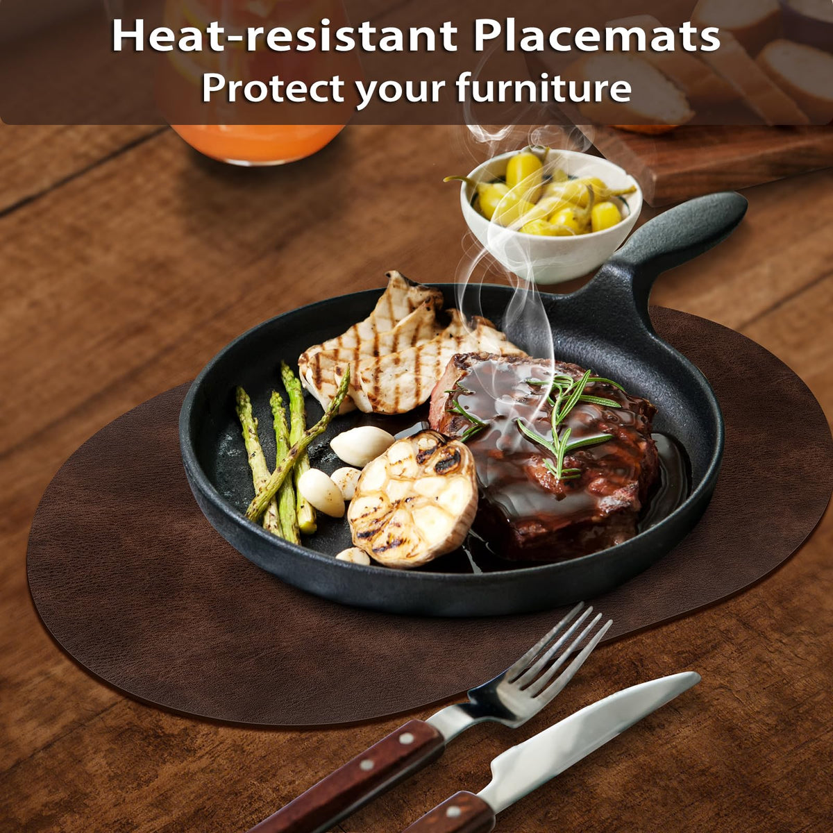 Oval Placemats Set of 12, Wipeable Faux Leather, Coffee