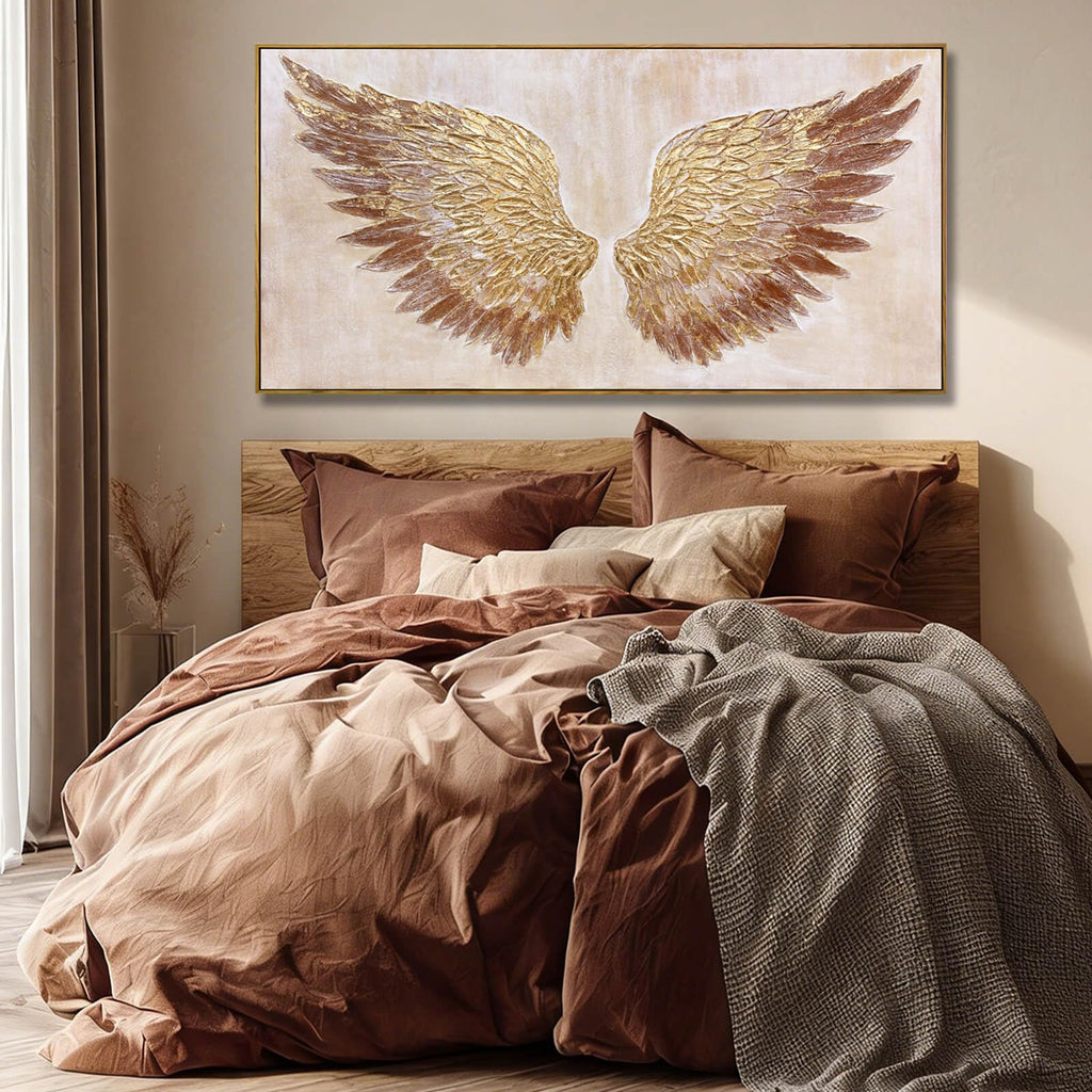 Gold Feather Wall Art, Textured Canvas Bedroom Home Decor 24"x48"