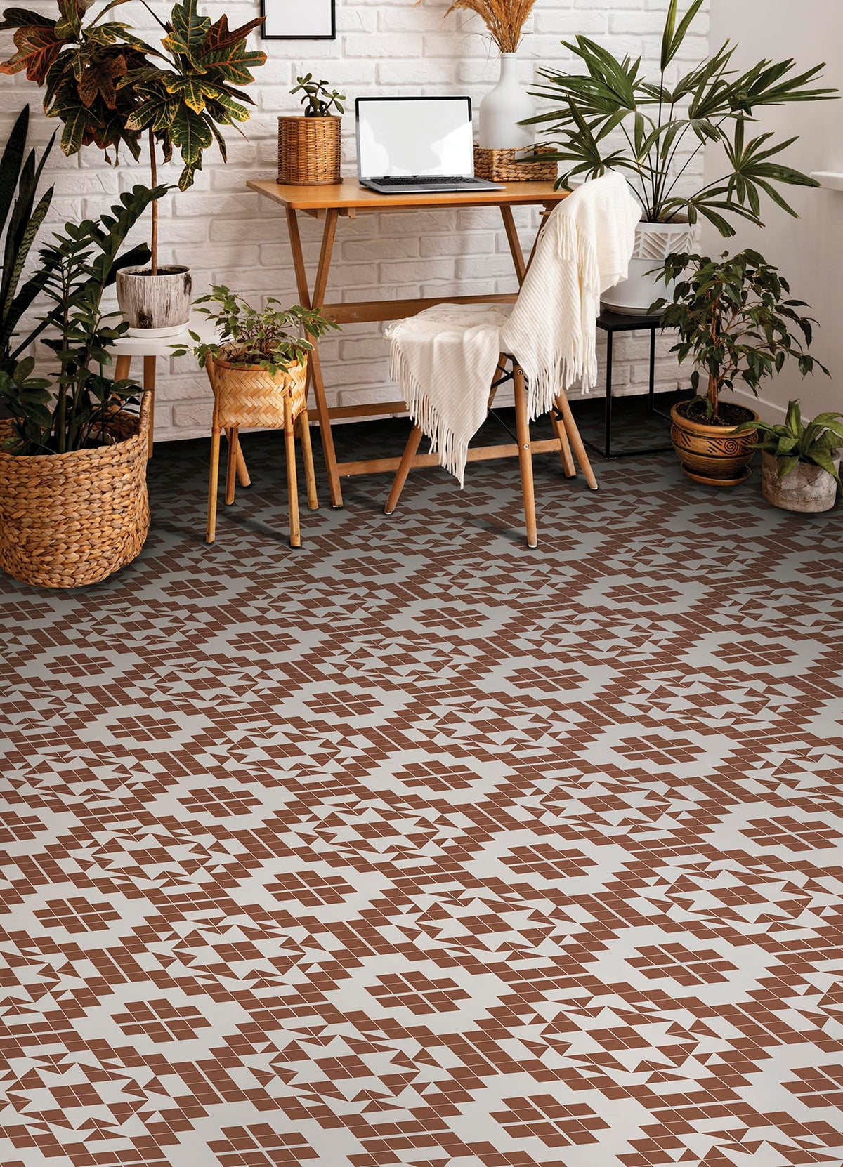 Terracotta Matias Peel and Stick Floor Tiles, Geometric Vinyl Floor Tiles, Water Resistant, 12 in x 12 in, Pack of 10