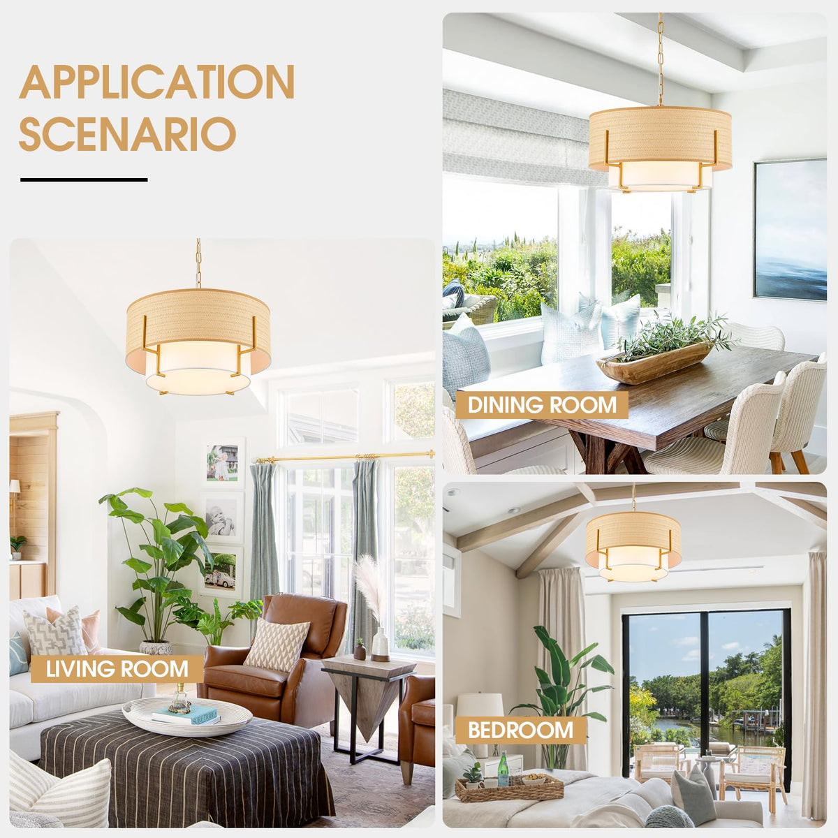 Boho Rattan Chandelier 19.8'' Farmhouse Drum Chandelier with Fabric Shade, 4-Light Rattan Light Fixture Rustic