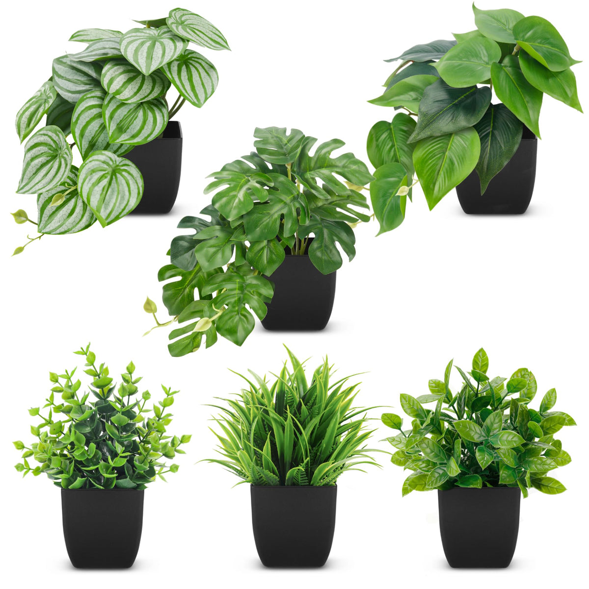 6Pcs Small Faux Plants Indoor with Black Pots Decor