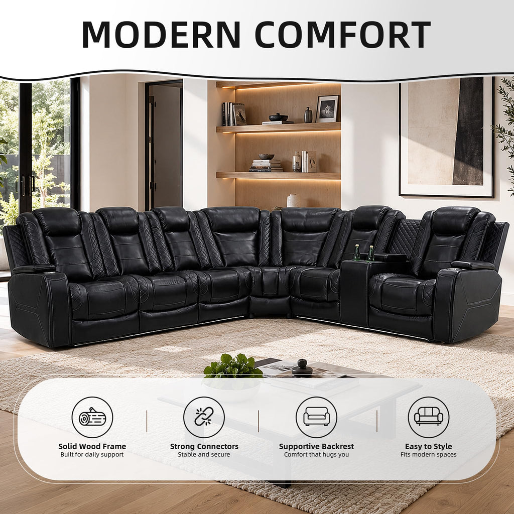 Black Power Reclining Leather Sectional Couch, LED Lighting Recliner Sofa with Storage Console, Cup Holders &
