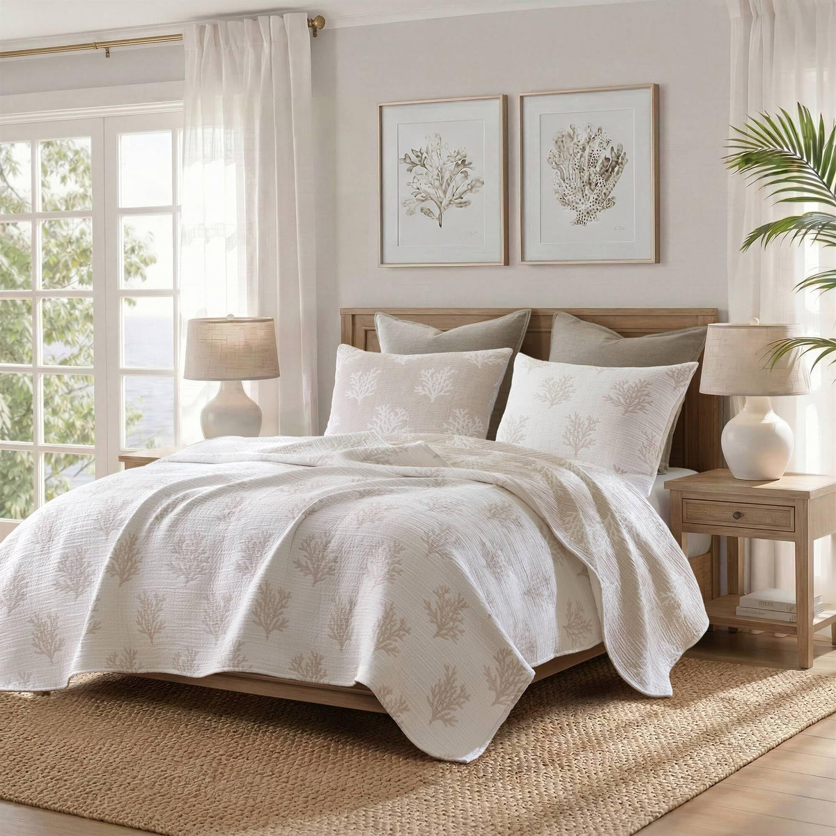 Cotton Quilt Set, Coastal Reversible Bedding, Linen