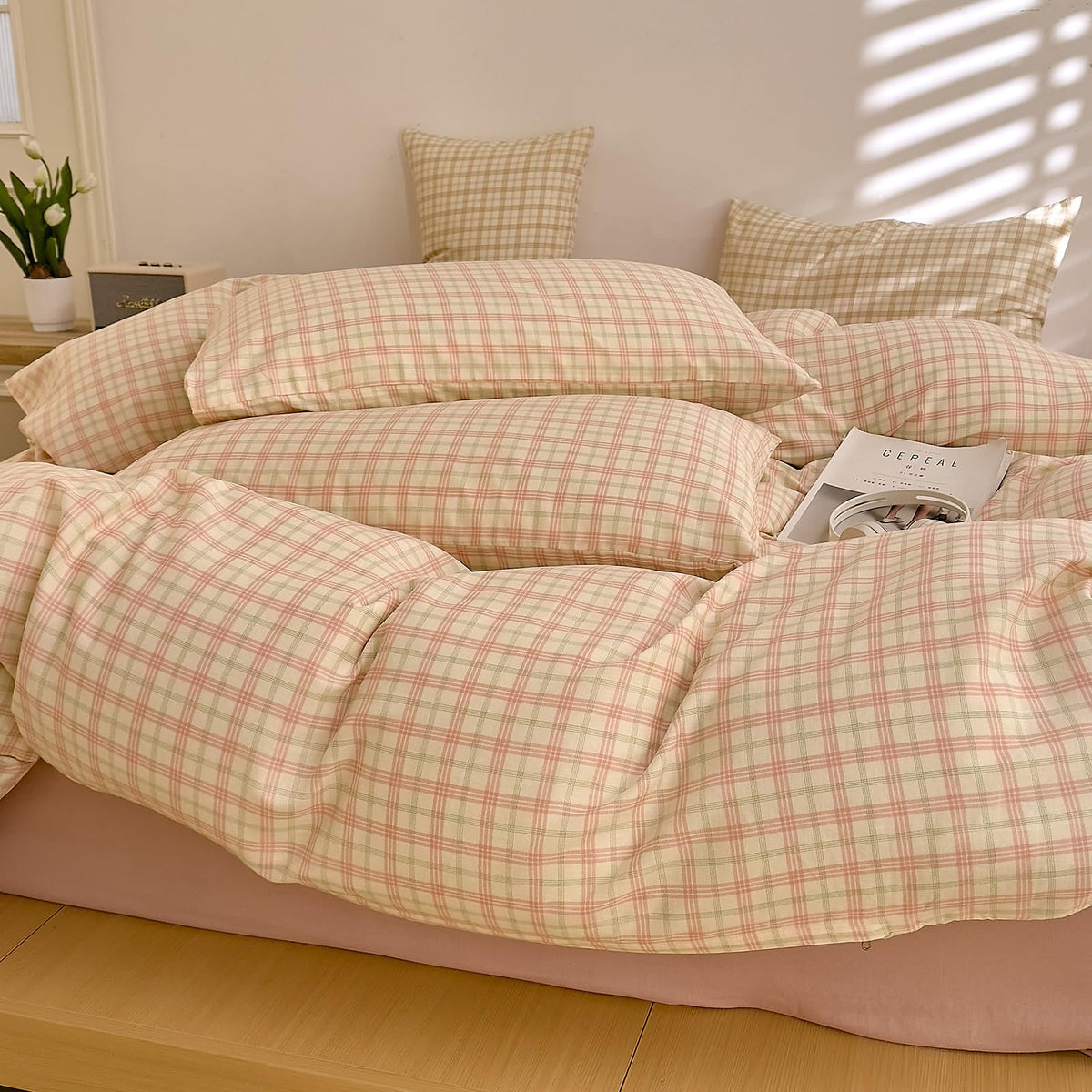 Pink Plaid Gingham Duvet Cover Set Queen, Muslin Cotton Lightweight Soft Bedding Set, Plaid Checkered Pattern Bedding