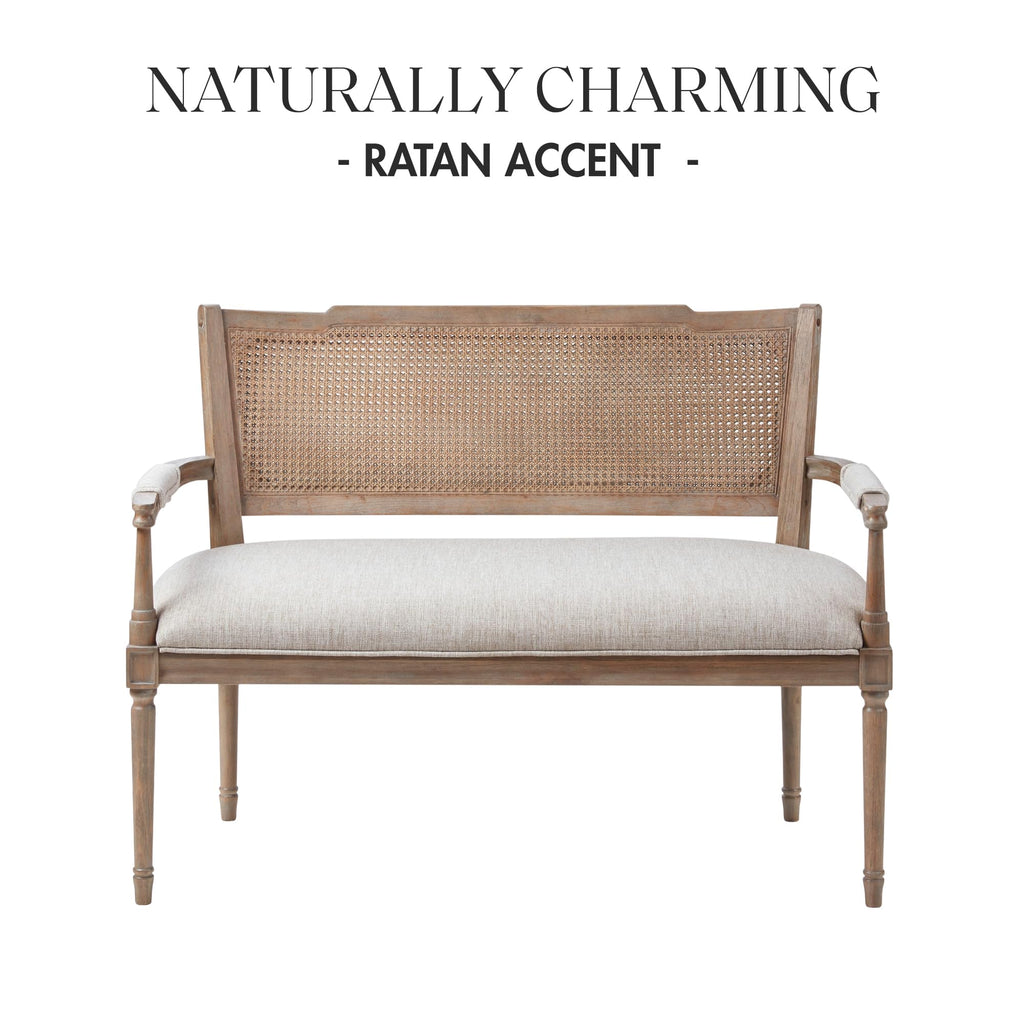 Willshire Natural Rattan Settee, Upholstered Seat - Charming Country Design, Rustic Reclaimed Wood Finish, Ratan