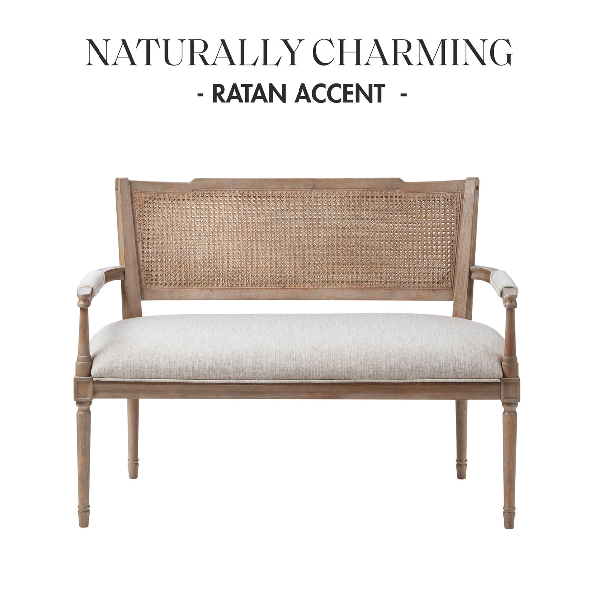 Willshire Natural Rattan Settee, Upholstered Seat - Charming Country Design, Rustic Reclaimed Wood Finish, Ratan