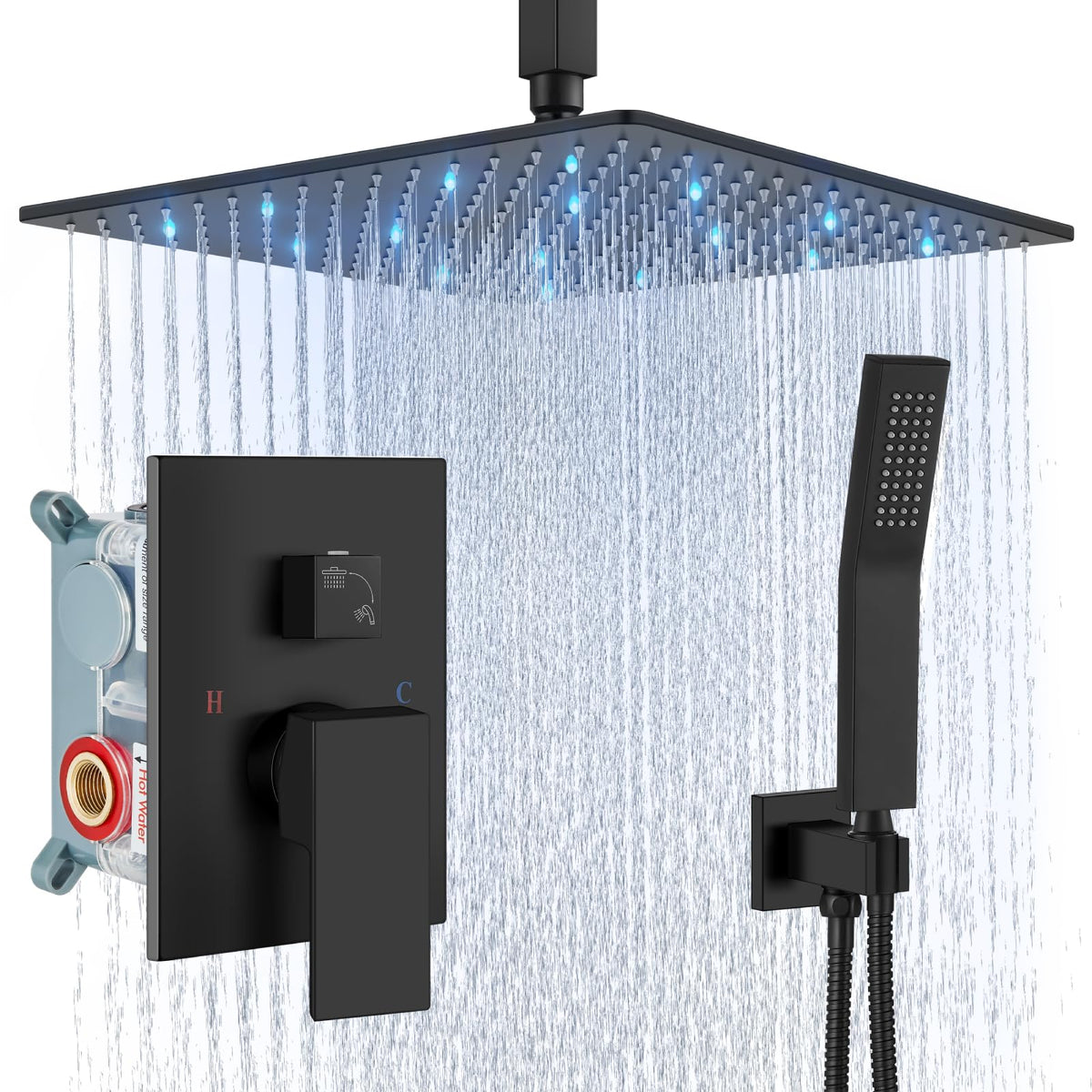 Ceiling Shower Faucet Set with Handheld 16" LED Head Matte Black