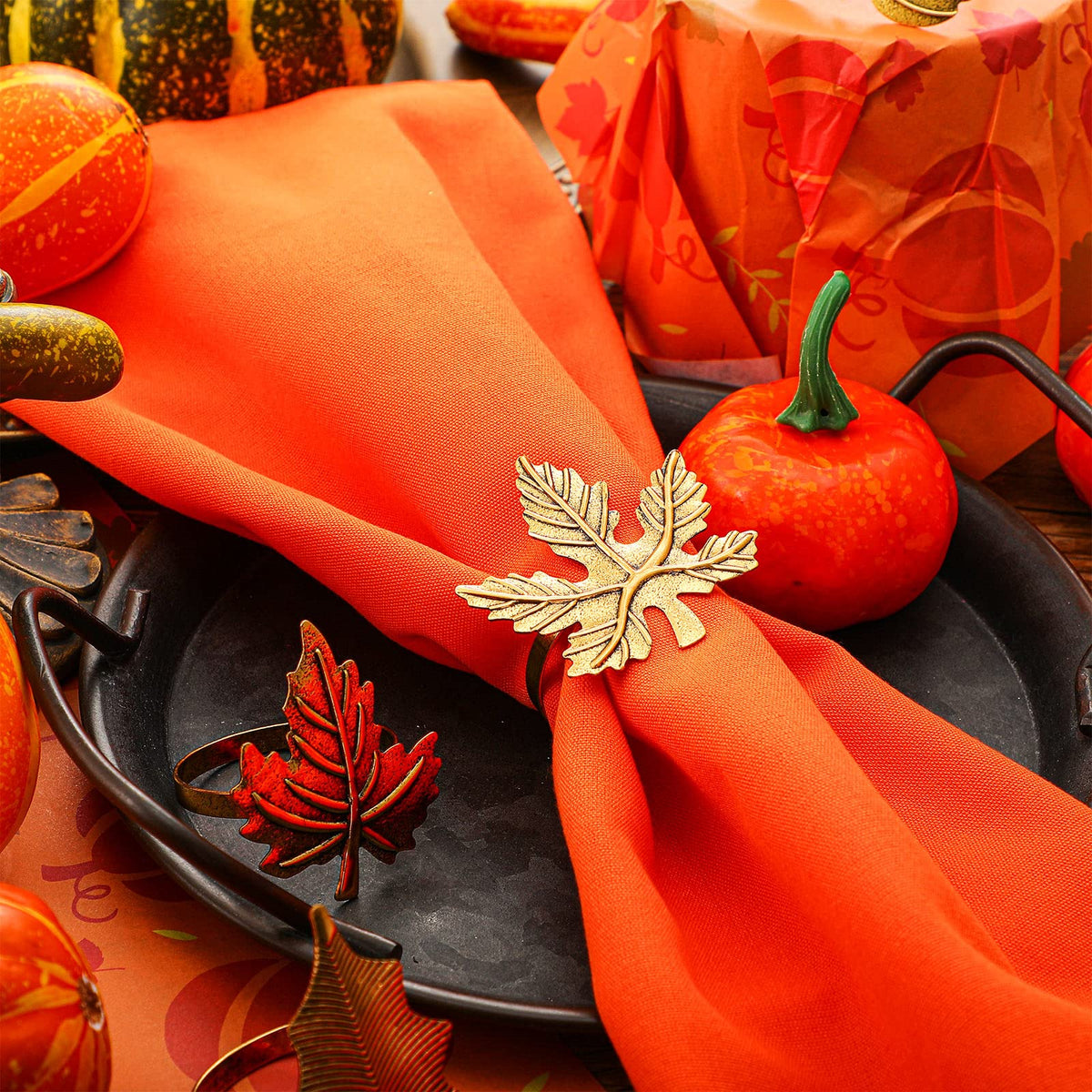 12 Pcs Thanksgiving Napkin Rings Set Fall Pumpkin Leaf Holders