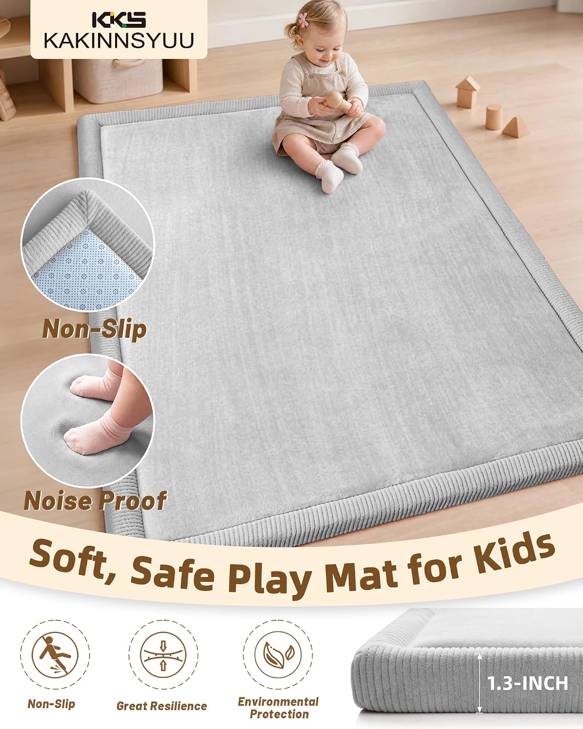 KKS 1.3in Thick Baby Play Mat for Floor, Water-Resistant Playmat, 80"x60"
