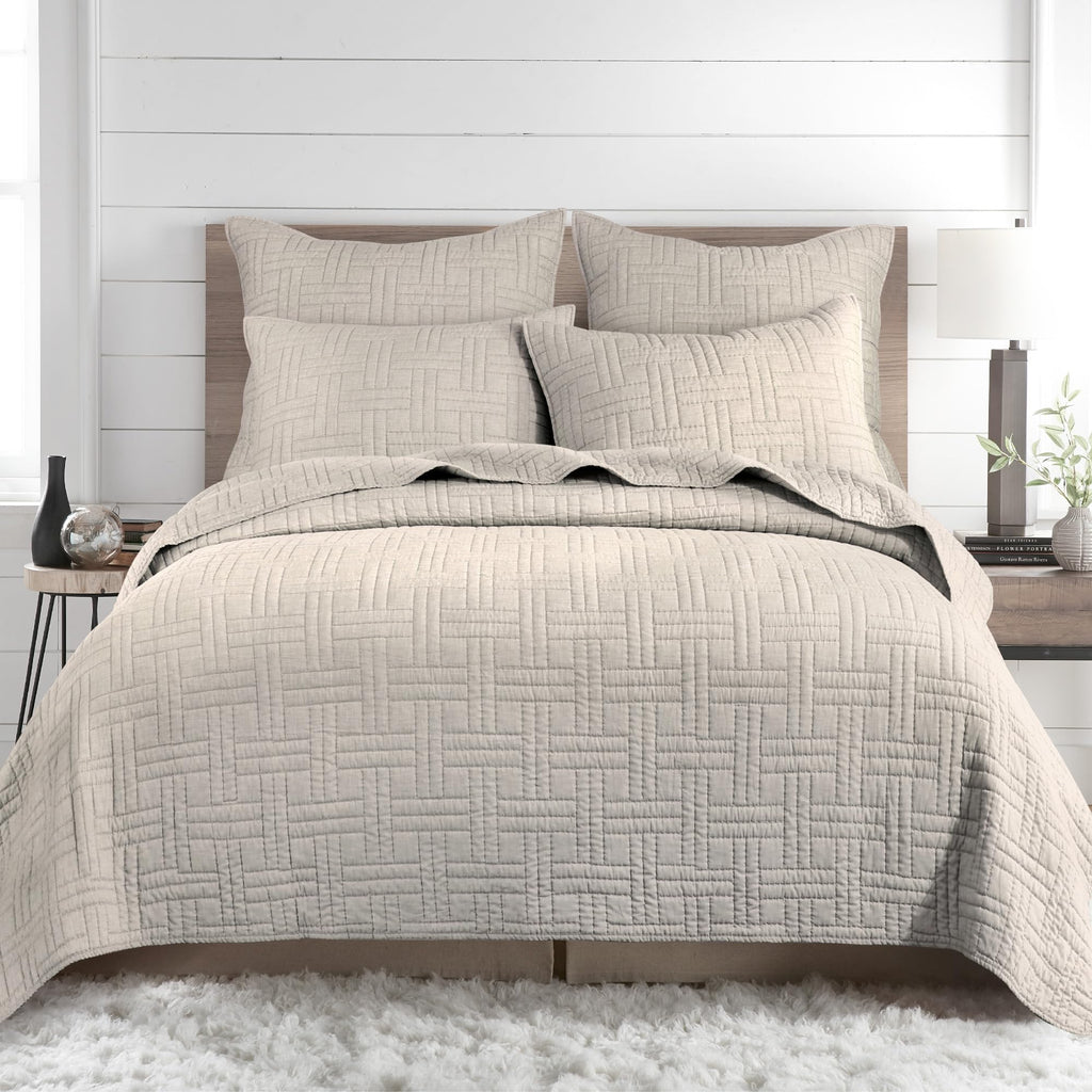 Melange Stitch Quilt Set - Quilt and One Standard Sham - Solid Stitched - Natural - Quilt (68x86in.) and Sham