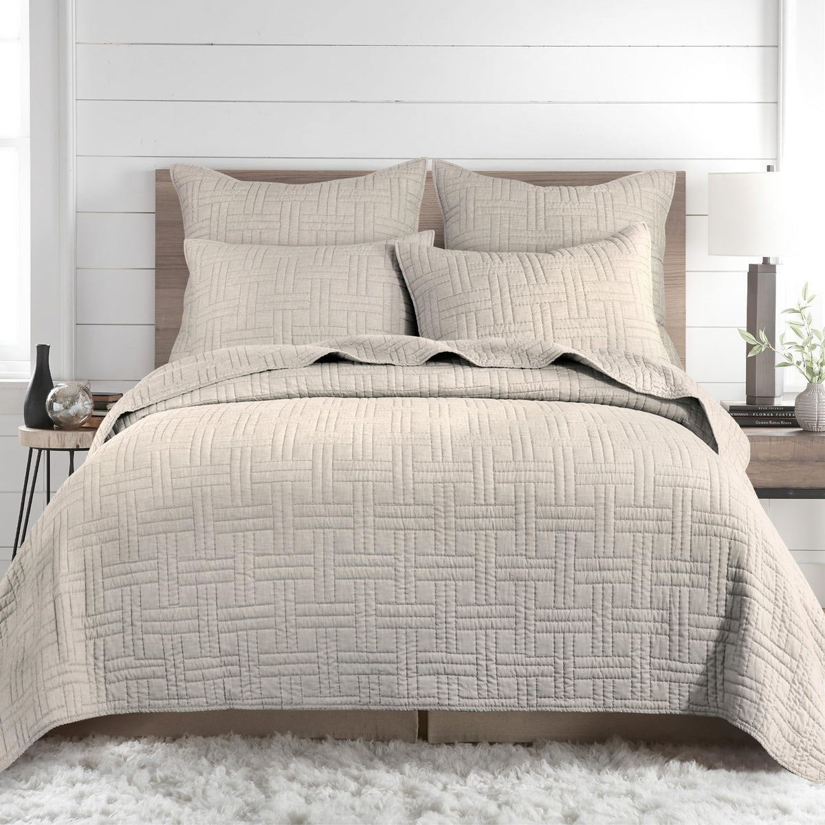 Melange Stitch Quilt Set - Quilt and One Standard Sham - Solid Stitched - Natural - Quilt (68x86in.) and Sham