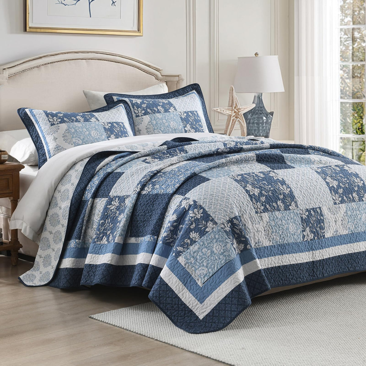 100% Cotton Quilt Set, Farmhouse Floral Patchwork Bedspreads