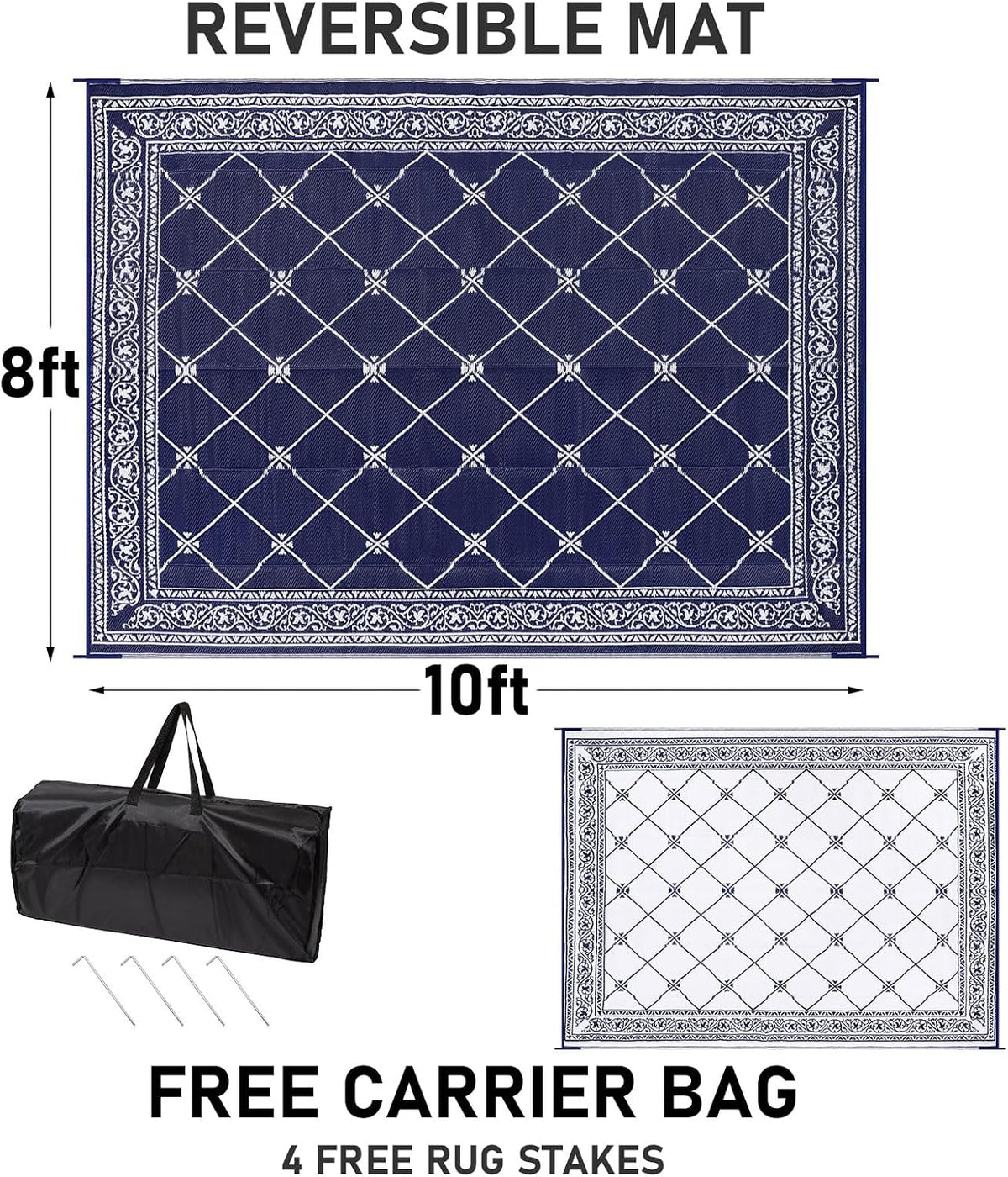 Outdoor Rug 8'x10' s, Waterproof Trellis Blue & White Outside Mat for Front Porch,Beach, Reversible Plastic Straw