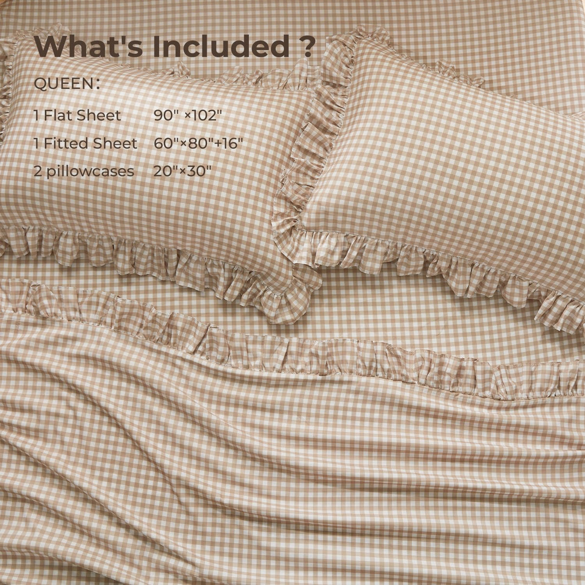 Tan Gingham Ruffle Sheets Set 4 Pieces
