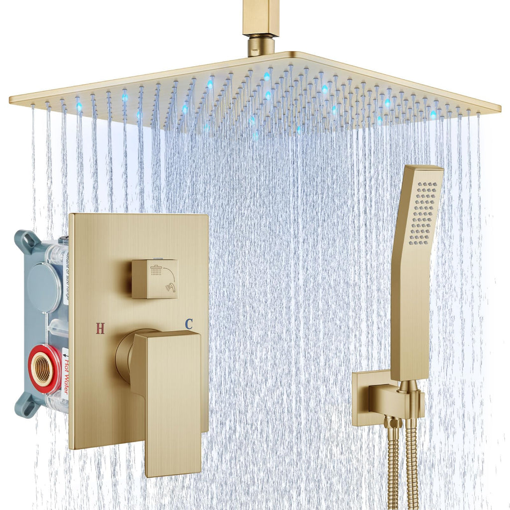 Ceiling Shower Faucet Set with Handheld 16" LED Head Brushed Gold