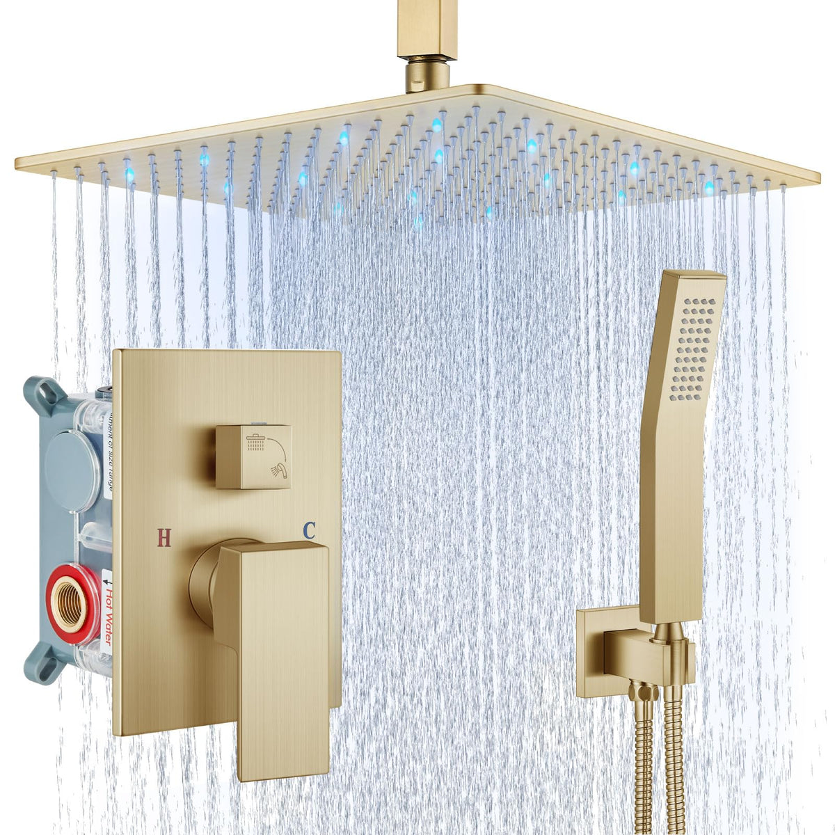 Ceiling Shower Faucet Set with Handheld 16" LED Head Brushed Gold