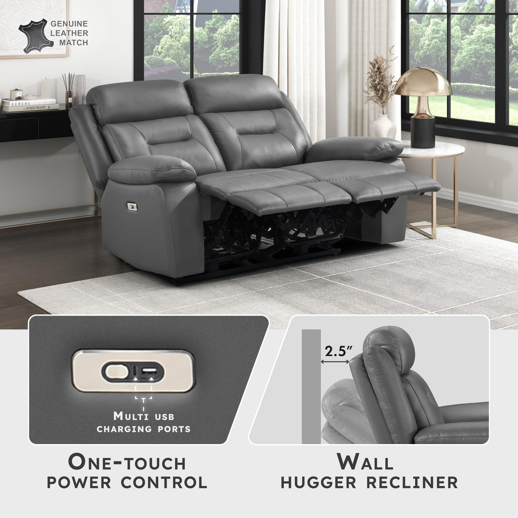 Top Grain Leather Match Power Double Recliner Loveseat, Dark Gray