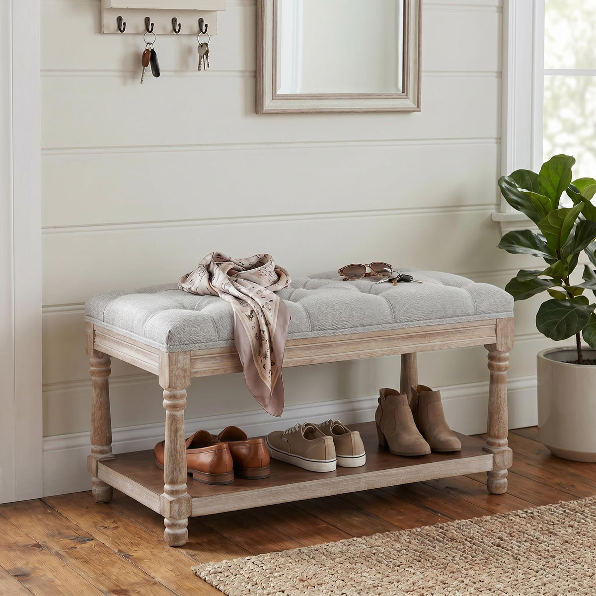 Rustic Wooden Storage Entryway Bench Shoe Rack Bench -1 Seat, Grey