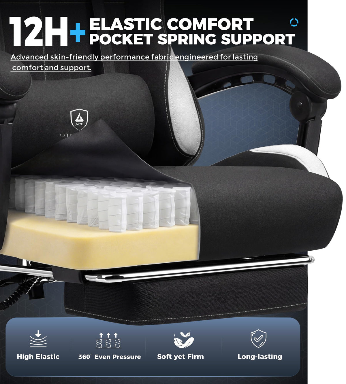 Gaming Chair Fabric with Pocket Spring Cushion, Computer Office Chair with Lumbar Support for Adults Linkage Armrests