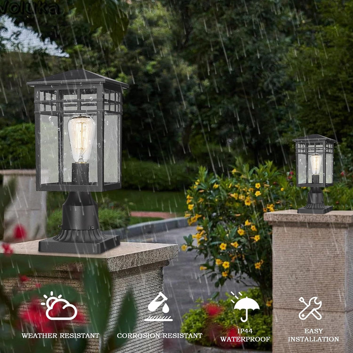 Outdoor Post Light Fixture, Modern Exterior Pillar Lantern with Black Finish & Seeded Glass, Pole Light for Garden