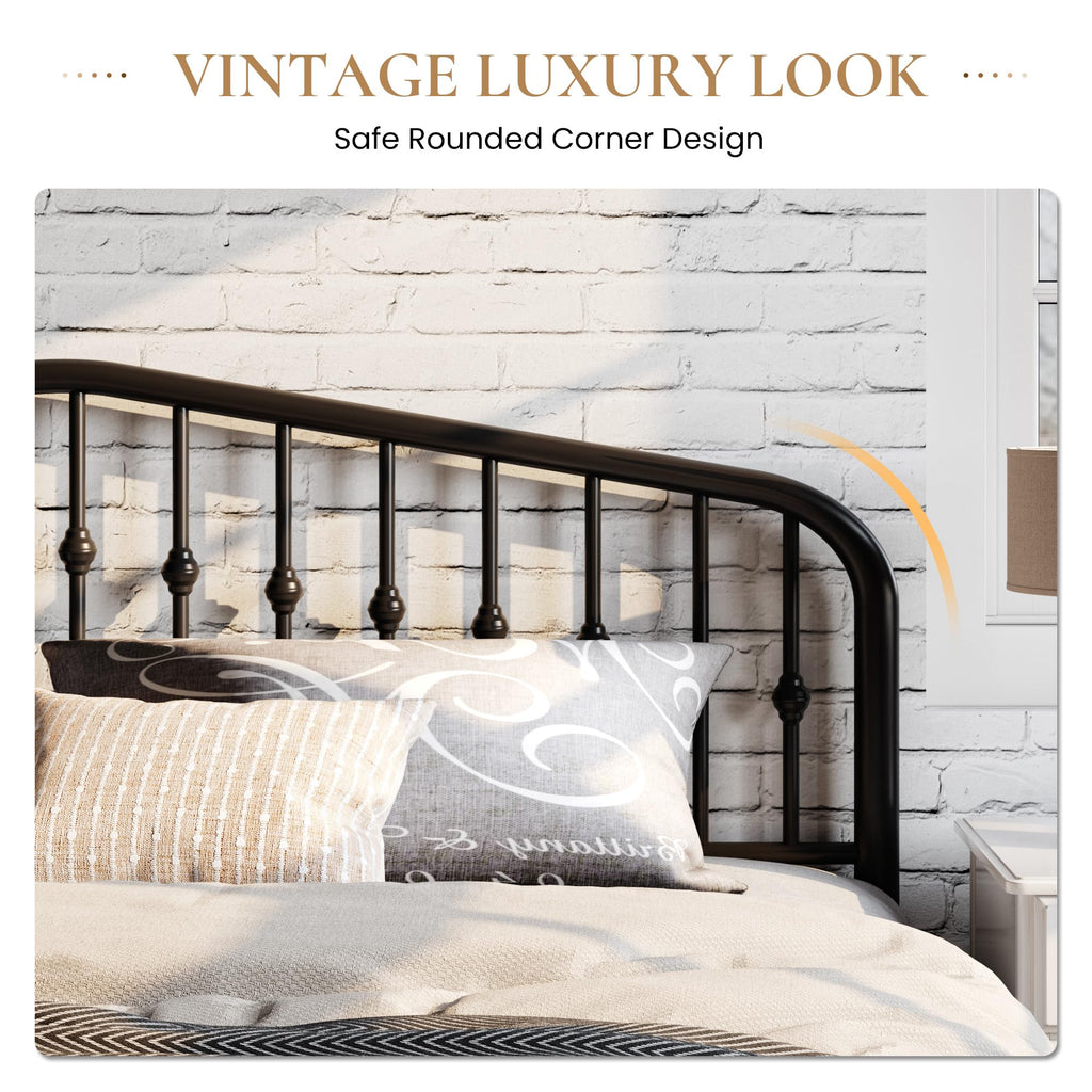 Metal Bed Frame with Wrought Iron-Art Headboard, Black