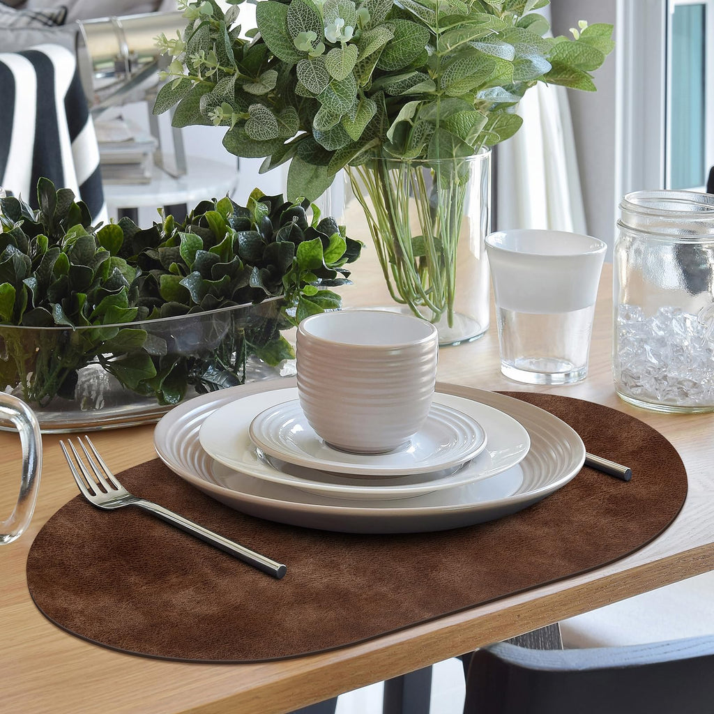 Oval Placemats Set of 12, Wipeable Faux Leather, Brown